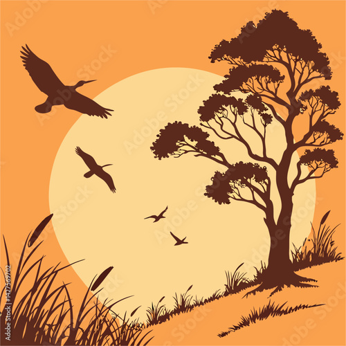 Vector of an orange sunset with silhouettes of flying birds and a tree, capturing the peaceful and poetic beauty of twilight