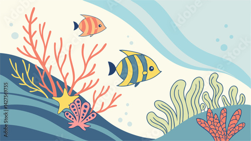 Bright vector of colorful tropical fish swimming through a coral reef filled with seaweed and marine plants, representing underwater biodiversity