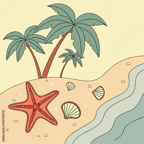 Vibrant vector of a tropical beach with starfish, shells, palm leaves and clear shoreline, capturing the essence of a sunny and exotic coast