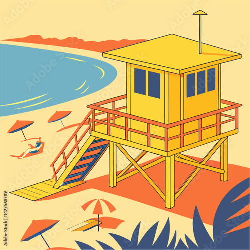 Vibrant vector of a yellow lifeguard tower on a sunny beach, surrounded by umbrellas and shoreline, evoking summer safety and beachside scenery