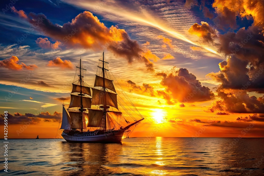 Obraz premium Seascape Barque Bokeh, Artistic Ocean, Golden Hour Sailboat