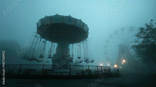 Fog-shrouded amusement park rides in the mist.