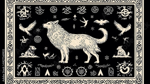 Intricate design featuring a wolf surrounded by symbols and creatures.