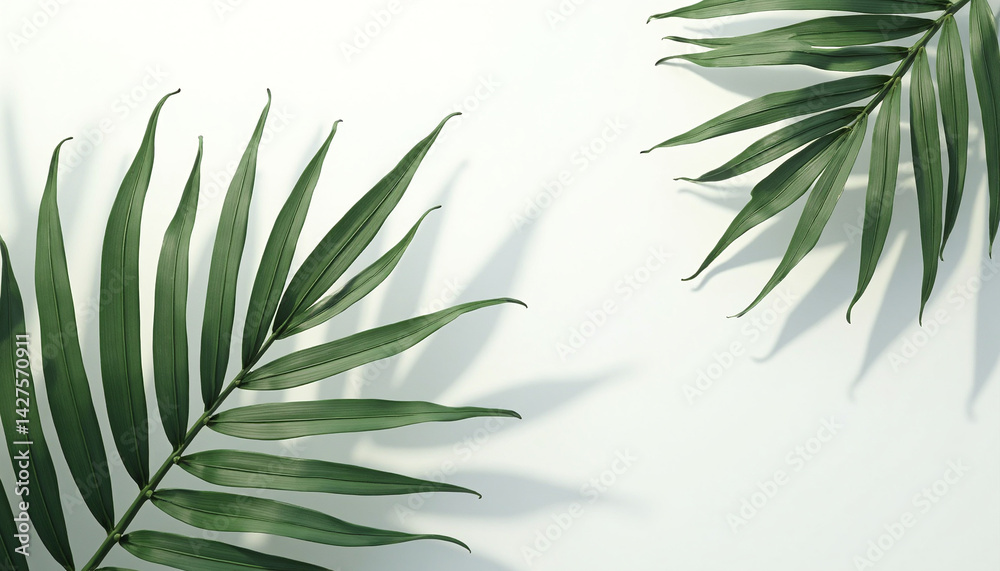 Fototapeta premium A close up of two green palm leaves on a white surface.