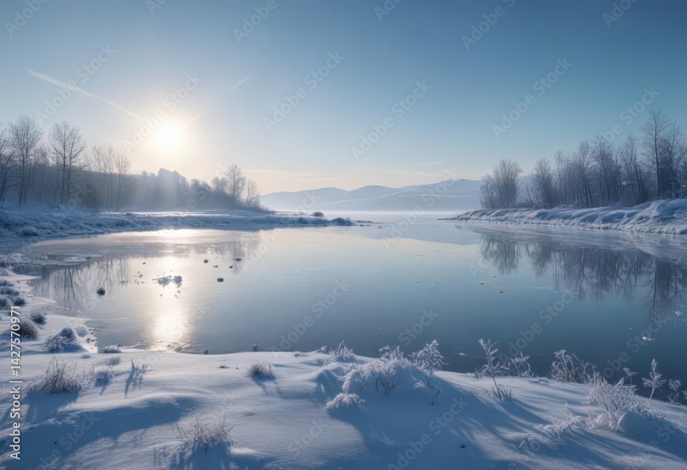 Fototapeta premium Frozen lake, delicate snowflake silhouettes against a frosty blue sky , frigid, nature