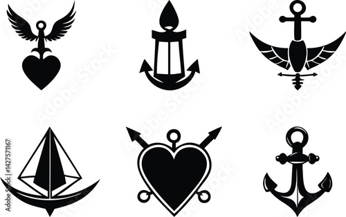 Modern and unique collection of traditional tattoo flash designs silhouette vector illustration, collection of traditional tattoo flash designs line art vector icon design set