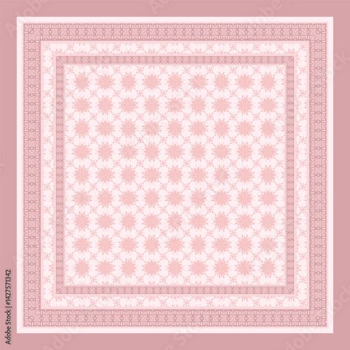 This minimalist ethnic hijab scarf design features a geometric border with traditional patterns in an elegant maroon and gold color scheme. Perfect for fashion-conscious women, the square layout makes
