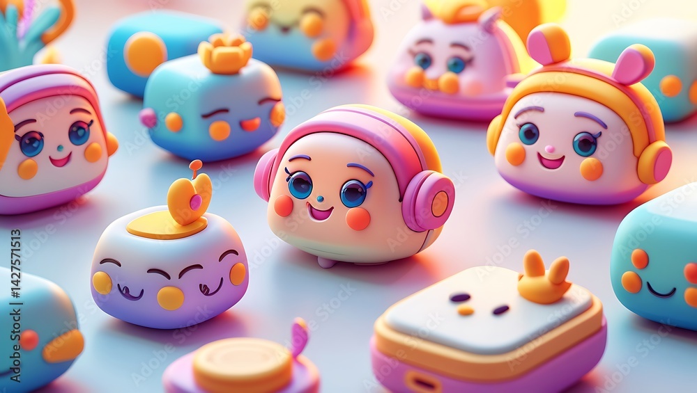 Adorable 3D Rendered Cute Cartoon Characters Playful Designs, Happy Expressions, Pastel Colors Adorable 3D Rendered Cute Cartoon Characters Playful Designs, Happy Expressions, Pastel Colors