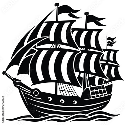 Black and White Illustration of a Three Masted Sailing Ship