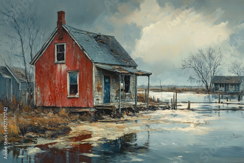 A red house stands solitary on tranquil waters, surrounded by serene reflections of the sky and trees, evoking a sense of peaceful seclusion.