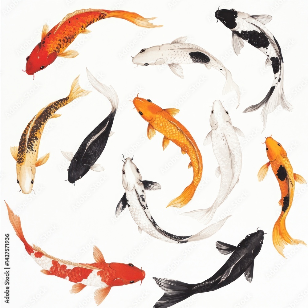 Naklejka premium Colorful Koi fish in a circular pattern