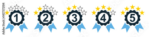 Rating badge icon vector for ranking, evaluation, and review levels using stars and medals. Ideal for product rating systems, customer feedback, and performance comparison illustrations.