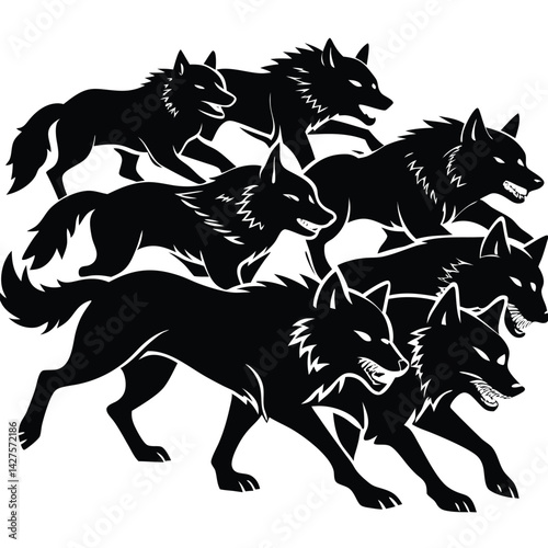 Five Wolves Pack Silhouette Aggressive Design Graphic