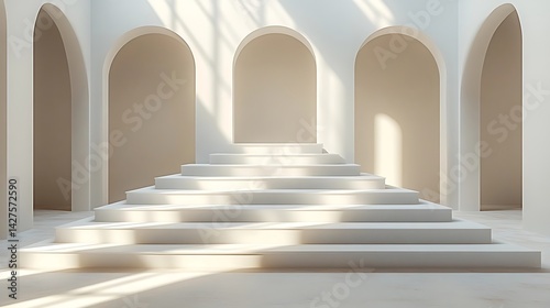 Creamy, arched interior showcasing a grand, multi-level platform. photo
