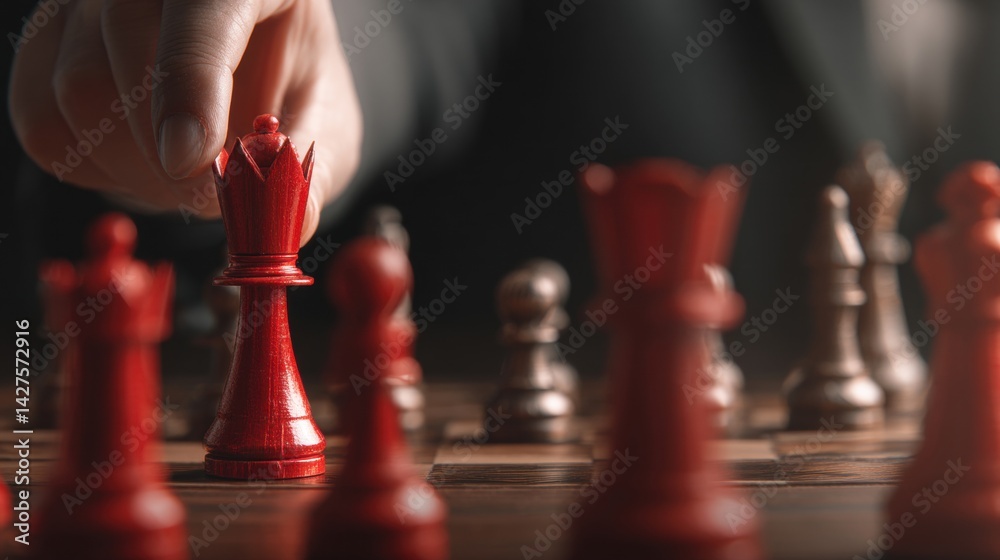 A hand moves a red chess piece on a board, emphasizing strategy and competition in a game of chess. Business Strategy, Customer Focus concept