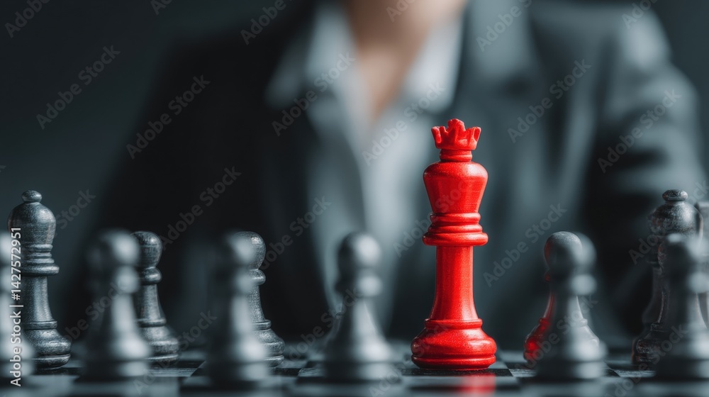A focused chess scene featuring a red queen amidst black pieces, symbolizing strategy and competition in a business-like setting. Business Strategy, Customer Focus concept