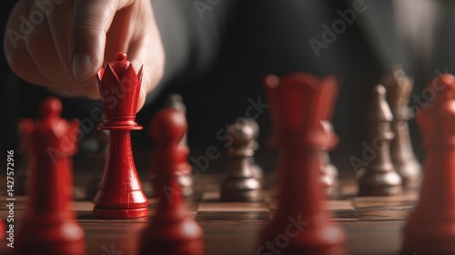 Obraz na płótnie A hand moves a red chess piece on a board, emphasizing strategy and competition in a game of chess. Business Strategy, Customer Focus concept w salonie