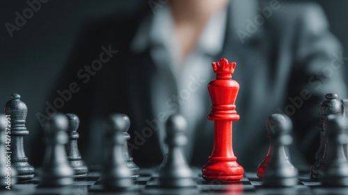 Obraz na płótnie A focused chess scene featuring a red queen amidst black pieces, symbolizing strategy and competition in a business-like setting. Business Strategy, Customer Focus concept w salonie