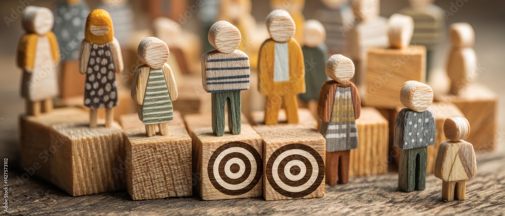 Wooden figurines arranged interactively, symbolizing social connection and community dynamics in a creative setting. Business Strategy, Customer Focus concept