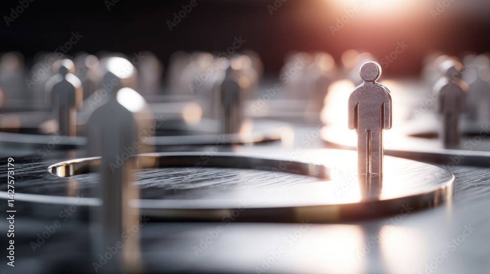 A group of metallic figures on a circular path, symbolizing individuality and choice amidst a larger community. Business Strategy, Customer Focus concept