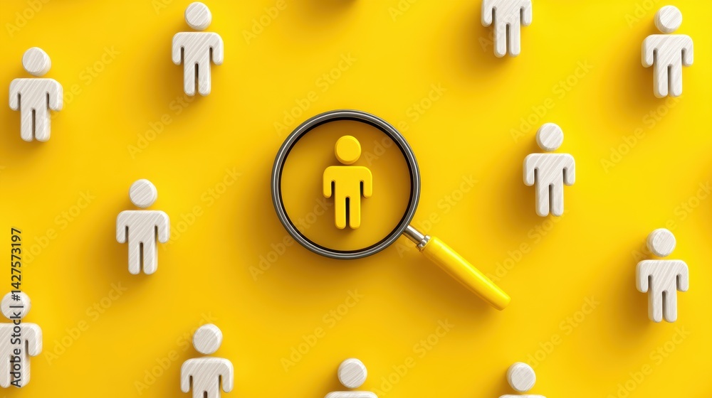 Focused magnifying glass highlights one figure among many, symbolizing individuality and attention to detail in a vibrant yellow background. Business Strategy, Customer Focus concept