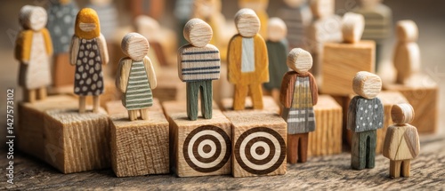 Obraz na płótnie Wooden figurines arranged interactively, symbolizing social connection and community dynamics in a creative setting. Business Strategy, Customer Focus concept w salonie