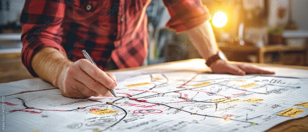 A person sketches on a large map while leaning over a table, illuminated by warm light in a creative workspace. Business Strategy, Customer Focus concept