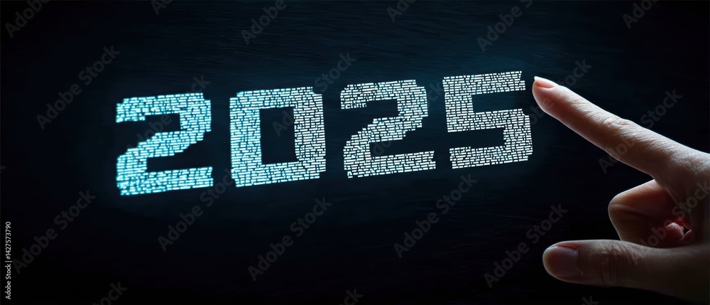 A hand points at the digital display of the year 2025, showcasing a futuristic aesthetic with a dark background. Business Strategy, Customer Focus concept