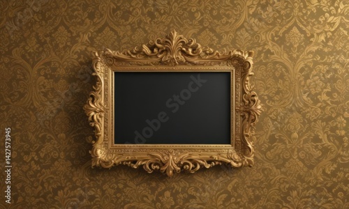 Intricate gold frames on plush damask fabric with embossed floral motifs , texture, surface