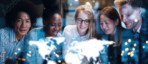 Diverse group of people collaborating around a digital map, showcasing teamwork and technology in a modern workspace. Business Strategy, Customer Focus concept
