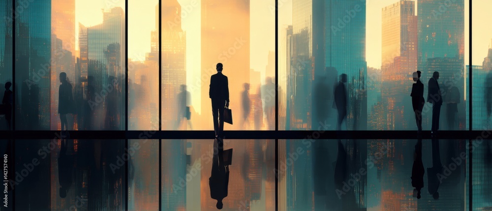 Silhouetted figures in a modern office setting, with cityscape views and reflections at sunset creating a dynamic atmosphere. Business Strategy, Customer Focus concept