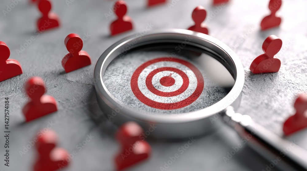 A magnifying glass focuses on a target symbol amidst red human figures, representing strategy and analysis. Business Strategy, Customer Focus concept