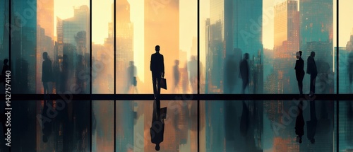 Obraz na płótnie Silhouetted figures in a modern office setting, with cityscape views and reflections at sunset creating a dynamic atmosphere. Business Strategy, Customer Focus concept w salonie