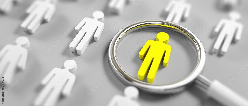Magnifying glass focuses on a yellow figure among white silhouettes, symbolizing search and selection in a group. Business Strategy, Customer Focus concept