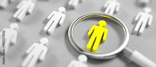 Obraz na płótnie Magnifying glass focuses on a yellow figure among white silhouettes, symbolizing search and selection in a group. Business Strategy, Customer Focus concept w salonie
