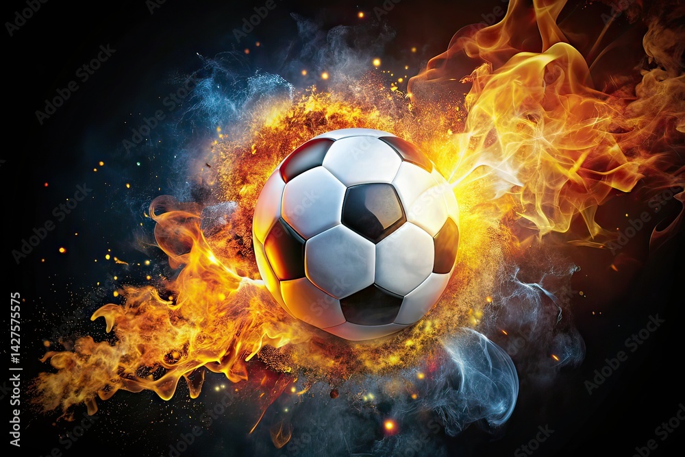 Naklejka premium Soccer Ball Explosion - Fiery Action Photo, Dynamic Soccer, Passionate Energy