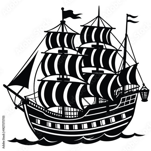 Black and White Illustration of a Classic Galleon Ship