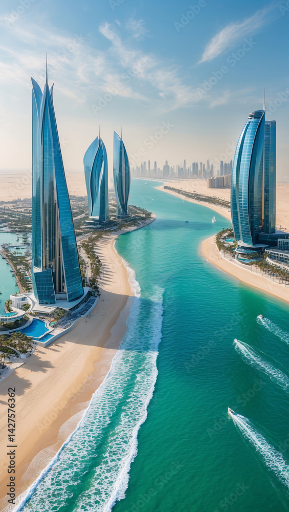 Naklejka premium Stunning modern buildings with a waterway and a beautiful sunny day