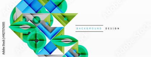 Abstract geometric shapes overlap, creating dynamic composition. Blue, green hues dominate design. Minimalist style suits modern backgrounds, presentations. Clean lines, gradients present visual inter