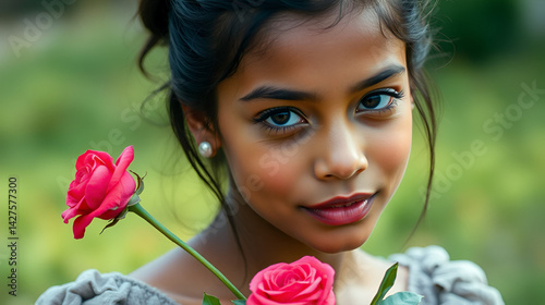 Una imagen de una linda chica de pelo negro, que mientras porta rosas en sus coletas,hace un pucherito