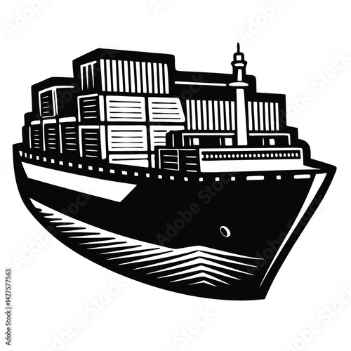 Black and White Illustration of a Cargo Ship at Sea