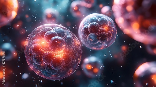 Microscopic cellular structures exhibit glowing internal components.
