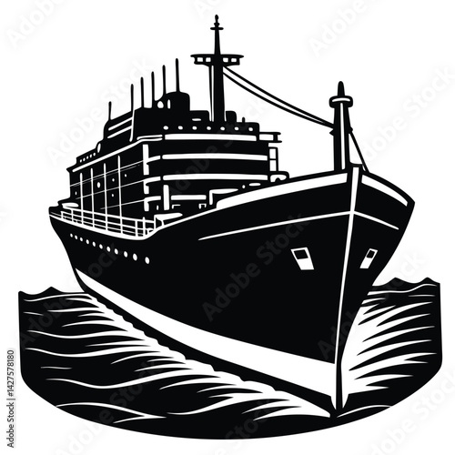 Black and White Illustration of a Cargo Ship at Sea