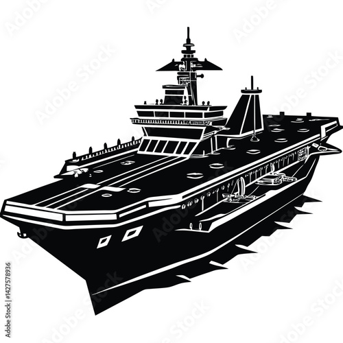 Black and White Silhouette of a Modern Aircraft Carrier