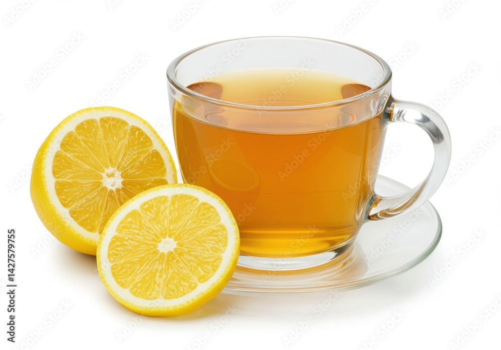 A clear glass cup of tea with two lemon halves on a saucer against a white background is centered A clear glass cup of tea with two lemon halves on a saucer against a white background is centered