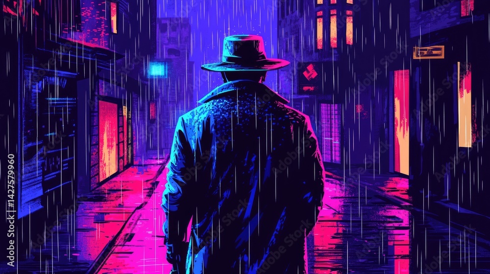 Fototapeta premium Rainy Night Detective with Neon City Streets.