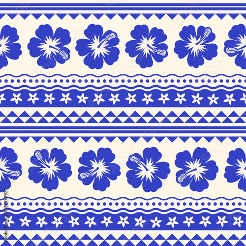 Hibiscus and geometric elements with stripes seamless pattern design for summer holidays background.