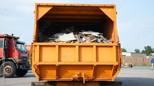 Rectangular open top roll off dumpster. Heavy duty hook lift container for garbage truck. Disposal bin used for removal of construction debris, post-renovation waste hauling, and scrap collection job.