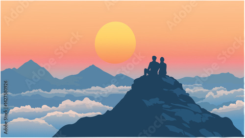 romantic vector, sunset in mountains