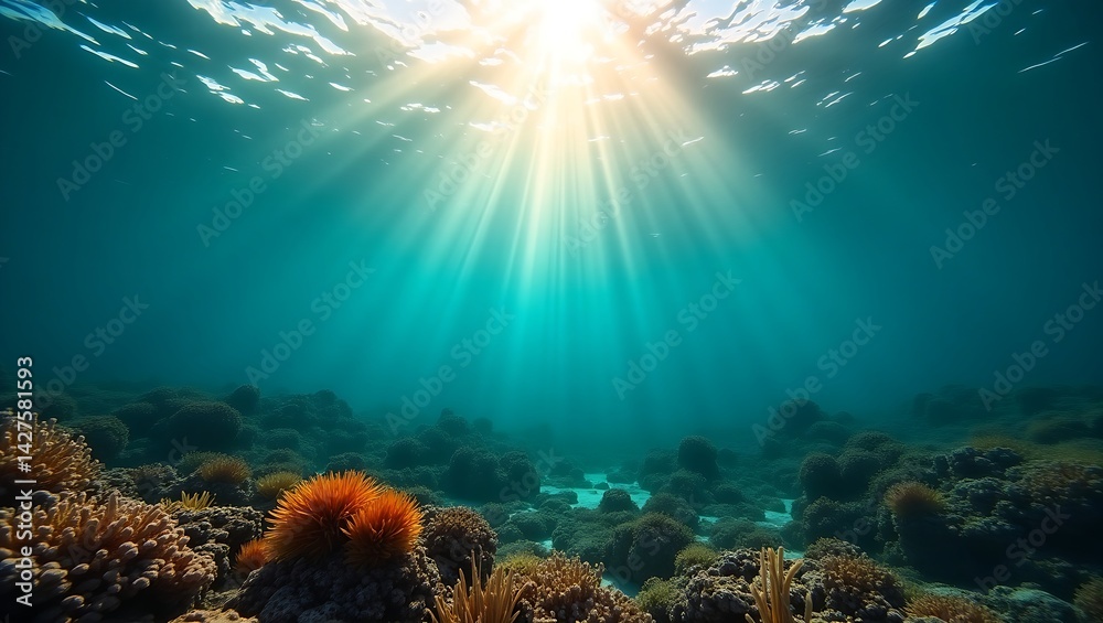 Fototapeta premium Sunlit Coral Reef - Underwater Ocean Scene